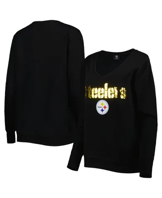 Women's Cuce Black Pittsburgh Steelers Sequin Logo V-Neck Pullover Sweatshirt
