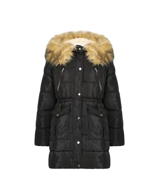 Girl's Faux Fur Trim Warm Winter Parka Coat with Cinch Waist, Kids