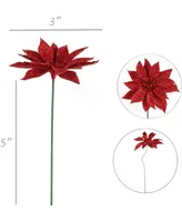 Floral Home 24-Pack Red Glitter Poinsettia Picks - Festive Christmas Decor