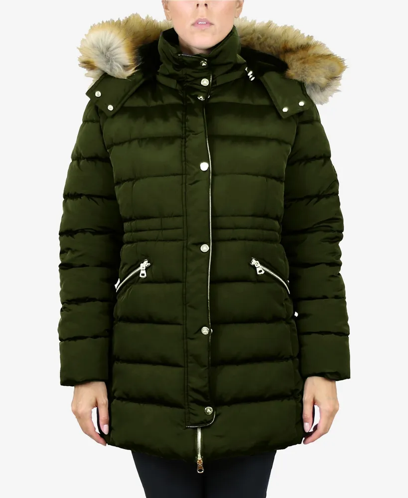 Haute Edition Women's Mid-Length Puffer Parka Coat with Faux Fur-lined Hood
