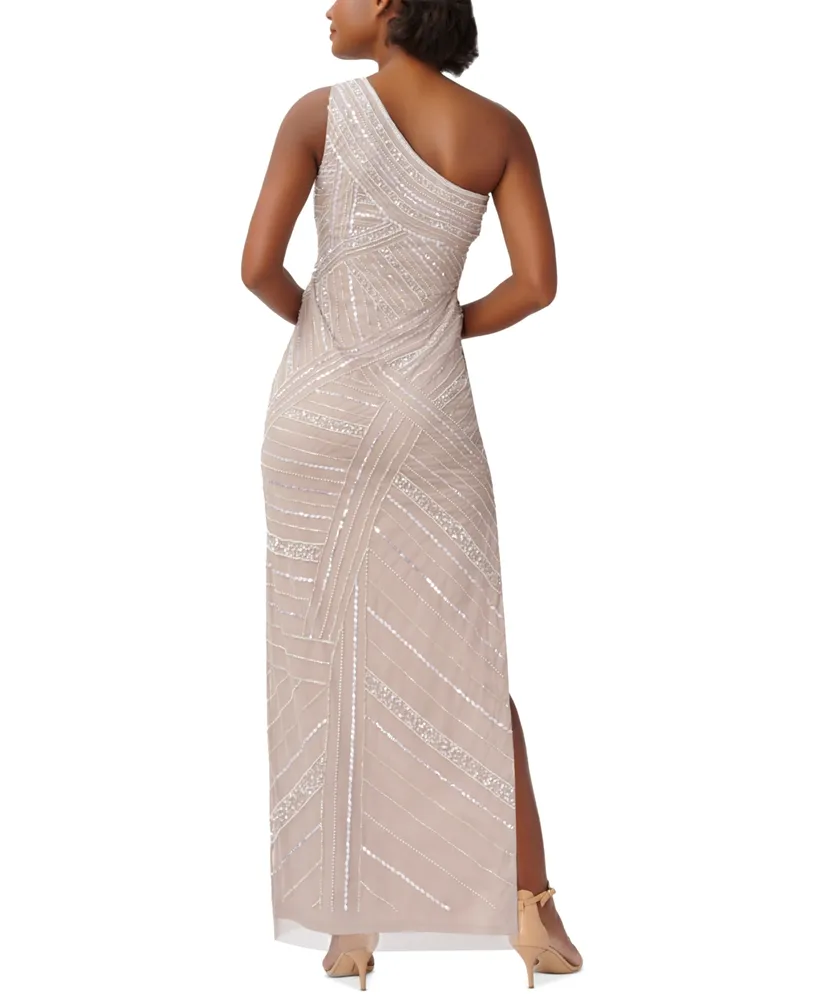 Adrianna Papell Petite Beaded One-Shoulder Gown