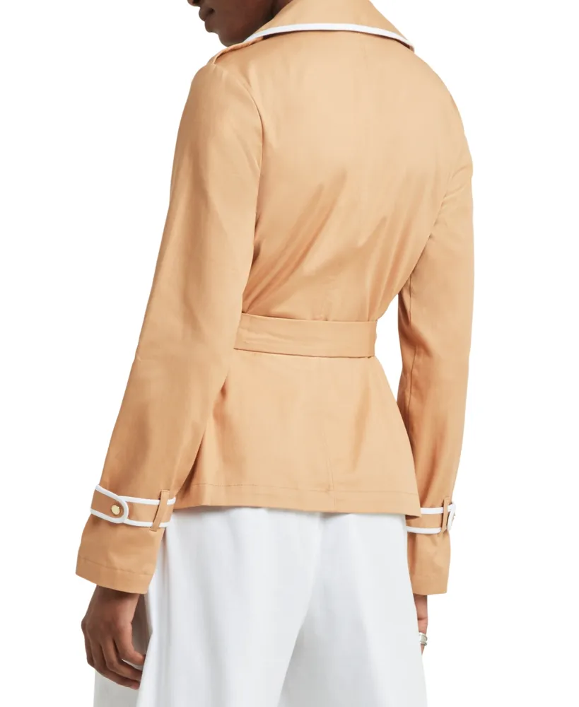 H Halston Women's Piping-Trim Trench Jacket