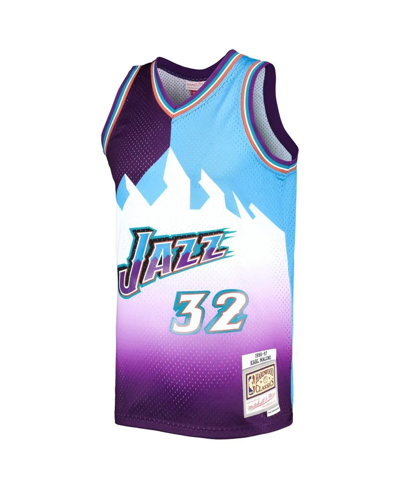 Men's Mitchell & Ness Karl Malone Purple, Turquoise Utah Jazz Hardwood Classics 1996-97 Split Swingman Jersey