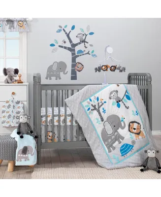 Bedtime Originals Jungle Fun Gray/Blue/White Elephant, Lion and Monkey 3-Piece Baby Nursery Crib Bedding Set