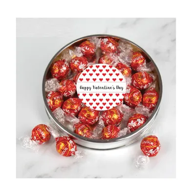 Valentine's Day Candy Gift Tin with Chocolate Lindor Truffles by Lindt Large Plastic Tin with Sticker - Red Hearts - Assorted Pre
