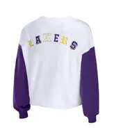 Women's Wear by Erin Andrews Heather Gold Los Angeles Lakers Mixed Letter Cropped Pullover Sweatshirt