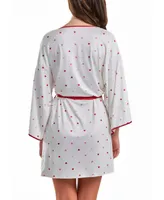 iCollection Women's Kyley Heart Print Robe with Contrast Self Tie Sash and Red Trim - White
