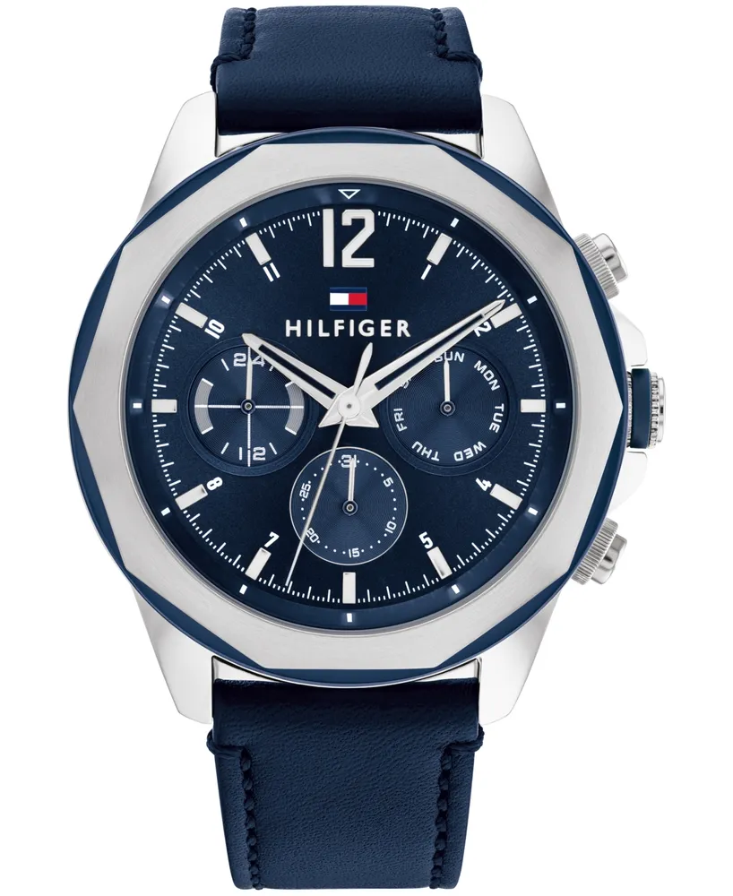 46mm Navy Blue Hilfiger Tommy Mall Watch Men\'s Strap Leather Hawthorn | Multifunction