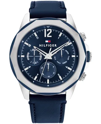 Tommy Hilfiger Men's Multifunction Navy Blue Leather Strap Watch 46mm