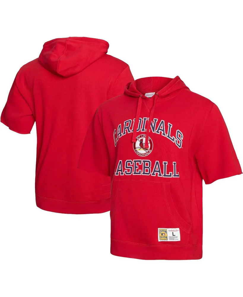 Men's Mitchell & Ness Red St. Louis Cardinals Cooperstown Collection Washed Fleece Pullover Short Sleeve Hoodie