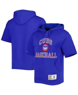 Men's Mitchell & Ness Royal Chicago Cubs Cooperstown Collection Washed Fleece Pullover Short Sleeve Hoodie