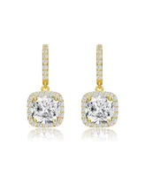 Genevive Gv Sterling Silver with Gold Plated Clear Cushion with Round Cubic Zirconia Halo Drop Earrings