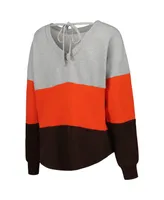 Women's Touch Heather Gray, Brown Cleveland Browns Outfield Deep V-Back Pullover Sweatshirt