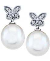 Cultured Freshwater Pearl (9mm) and Diamond (1/10 ct. t.w.) Butterfly Drop Earrings in 14k White Gold