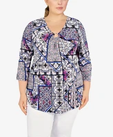 Ruby Rd. Plus Size Knit Folk Patchwork Puff Print Top