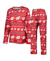 Women's Concepts Sport Red Wisconsin Badgers Flurry Ugly Sweater Long Sleeve T-shirt and Pants Sleep Set