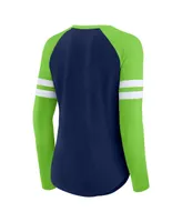 Women's Fanatics College Navy, Neon Green Seattle Seahawks True to Form Raglan Lace-Up V-Neck Long Sleeve T-shirt