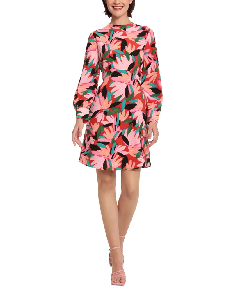 Donna Morgan Women's Floral-Print Buttoned-Cuff Long-Sleeve Dress
