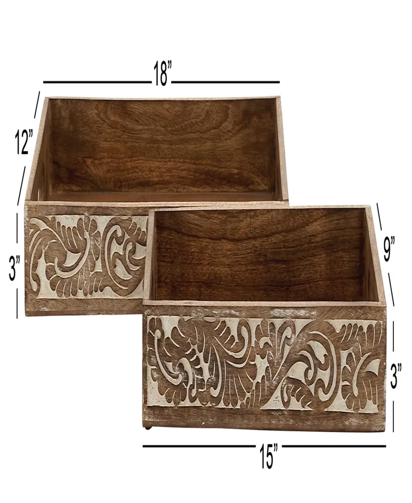 Rosemary Lane Mango Wood Tray with Carved Sides, Set of 2, 18", 15" W