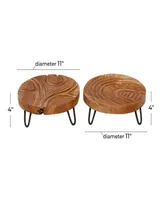 Rosemary Lane Teak Wood Intricate Carved Floral Tray, Set of 2, 11", 11" W