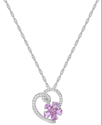 Lab-Grown Pink Sapphire (3/4 ct. t.w.) & Lab-Grown White Sapphire (1/5 ct. t.w.) Flower in Heart 18" Pendant Necklace in Sterling Silver