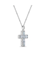 Sterling Silver Halo Birthstone Style Genuine Aquamarine and White Topaz Fancy Cut Cross Pendant Necklace