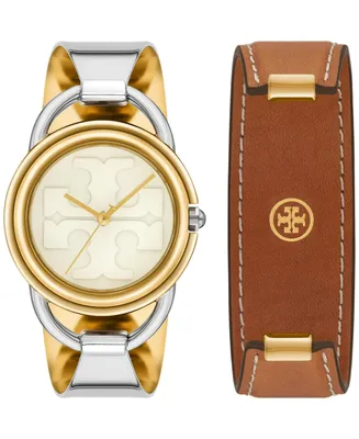 Tory Burch Women's Miller Luggage Leather Strap & Two-Tone Stainless Steel Bracelet Watch 32mm Gift Set - Two