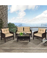 4PCS Patio Rattan Furniture Set Loveseat Sofa Coffee Table Garden