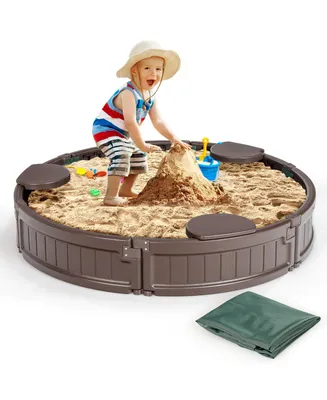 4F Wooden Sandbox w/Built-in Corner Seat, Cover, Bottom Liner for Outdoor Play