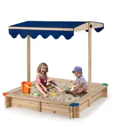 Costway Kids Wooden Sandbox with Height Adjustable & Rotatable Canopy Outdoor Playset