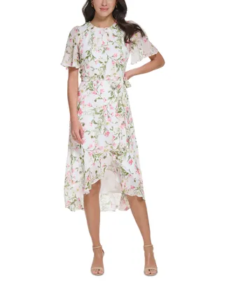 Jessica Howard Petite Printed Flutter-Sleeve Faux-Wrap Chiffon Dress