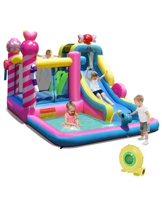 Inflatable Bounce House Sweet Candy Bouncy Castle W/ Water Slide& 480W Blower