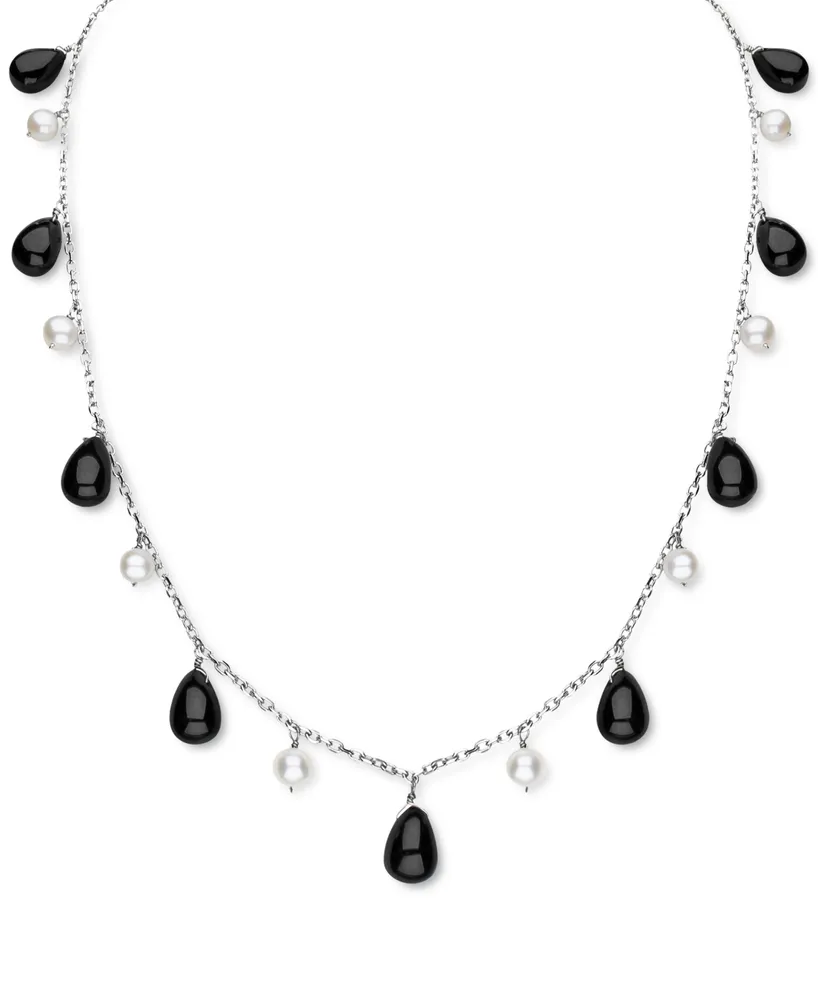 Freshwater Pearl (5-6mm) & Jade Dangling 18" Collar Necklace in Sterling Silver (Also in Onyx)