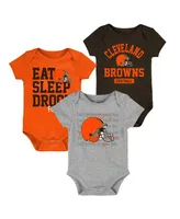 Newborn and Infant Boys and Girls Brown, Orange, Heathered Gray Cleveland Browns Three-Piece Eat Sleep Drool Bodysuit Set