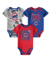 Newborn and Infant Boys Girls Chicago Cubs Royal, Red, Heathered Gray Game Time Three-Piece Bodysuit Set