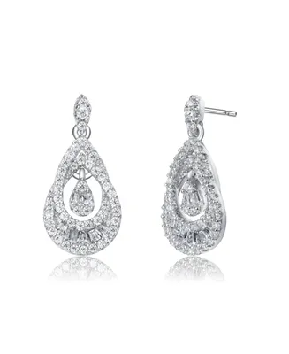 Genevive Sterling Silver White Gold Plated Clear Round Cubic Zirconia Double Pear Drop Earrings