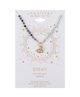 Unwritten 14k Gold Plated Cubic Zirconia and Crystal Evil Eye on a Lolite and Aquamarine Beaded Chain Necklace