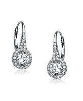 Genevive Sterling Silver Clear Round Cubic Zirconia Partially Paved and Haloed Solitaire Drop Earrings