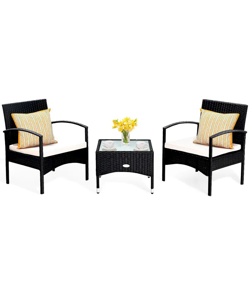 Costway 3 Pcs Furniture Set Table & 2 Chair Patio Wicker Rattan W/Cushion