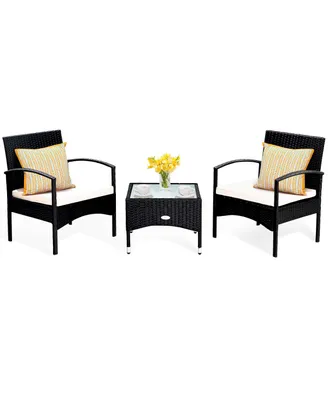 3 Pcs Furniture Set Table & 2 Chair Patio Wicker Rattan W/Cushion