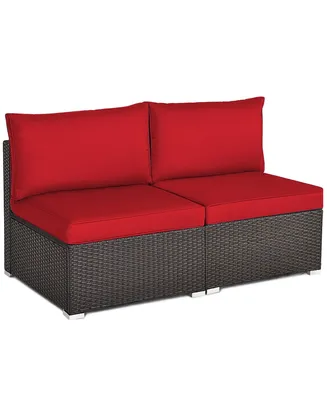 2PCS Patio Rattan Armless Sofa Sectional Conversation Furniture Set W/Cushion
