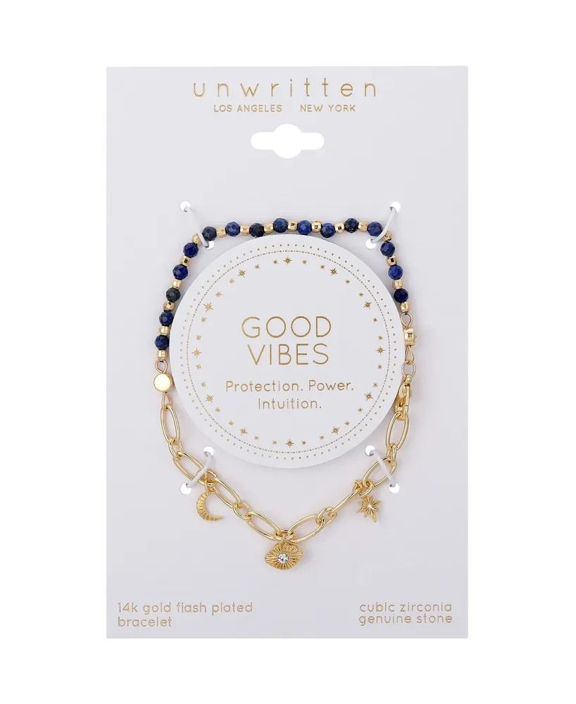 Unwritten Cubic Zirconia Evil Eye, Moon and Star Bead Chain Bracelet - Gold