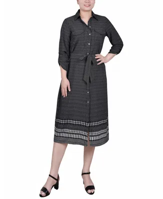 Ny Collection Petite 3/4 Roll Tab Sleeve Belted Shirtdress