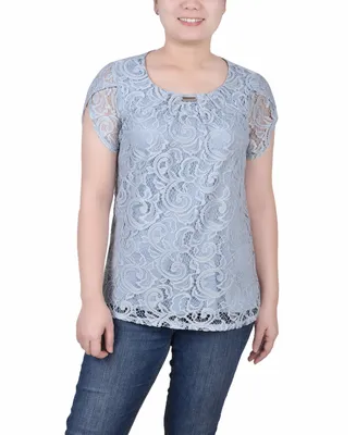 Ny Collection Petite Lace Petal Short Sleeve Top