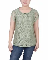 Ny Collection Petite Lace Petal Short Sleeve Top