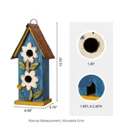 Glitzhome 13.75" H Washed Two-Tiered Distressed Solid Wood Birdhouse with 3D Flowers
