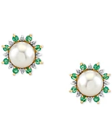 Cultured Freshwater Pearl (8mm), Emerald (5/8 ct. t.w.) & Diamond (1/8 ct. t.w.) Stud Earrings in 10k Gold