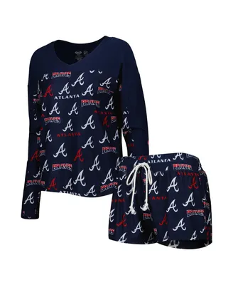 Women's Concepts Sport Navy Atlanta Braves Breakthrough Allover Print Long Sleeve V-Neck T-shirt and Shorts Sleep Set