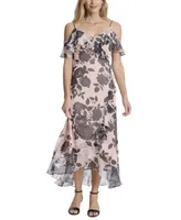 London Times Petite Floral-Print Ruffled Cold-Shoulder Maxi Dress