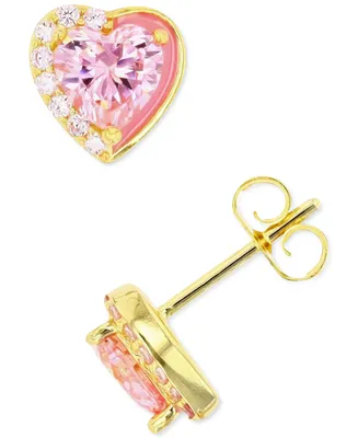 Pink and White Cubic Zirconia Heart Stud Earrings Sterling Silver or 14k Gold over